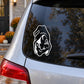 Hooded witch head decal in white line art, for car rear window or glass
