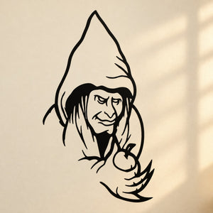 Evil witch with apple decal, black line art graphic