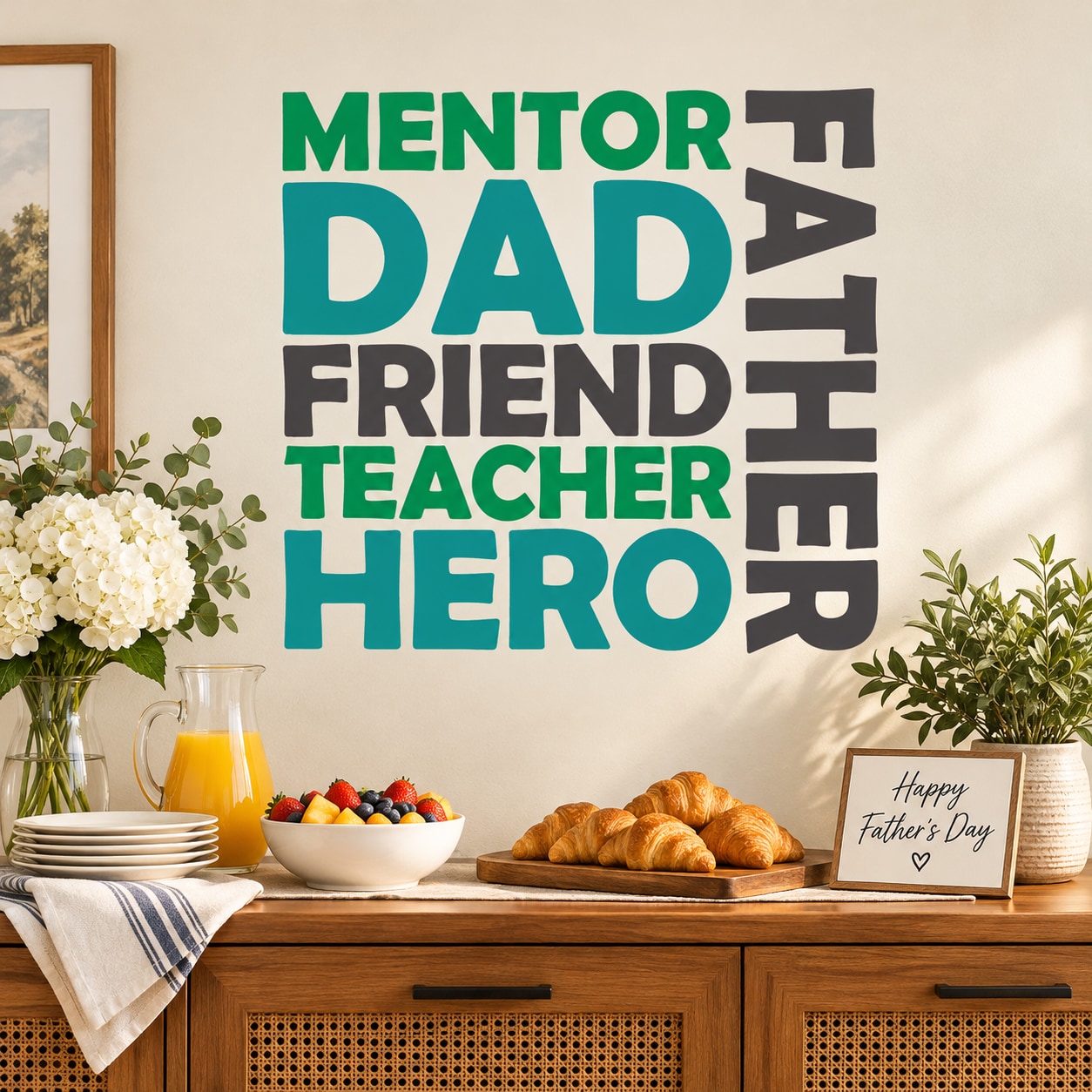 Die cut decal with stacked text: MENTOR DAD FRIEND TEACHER HERO (teal and black)