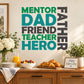 Die cut decal with stacked text: MENTOR DAD FRIEND TEACHER HERO (teal and black)