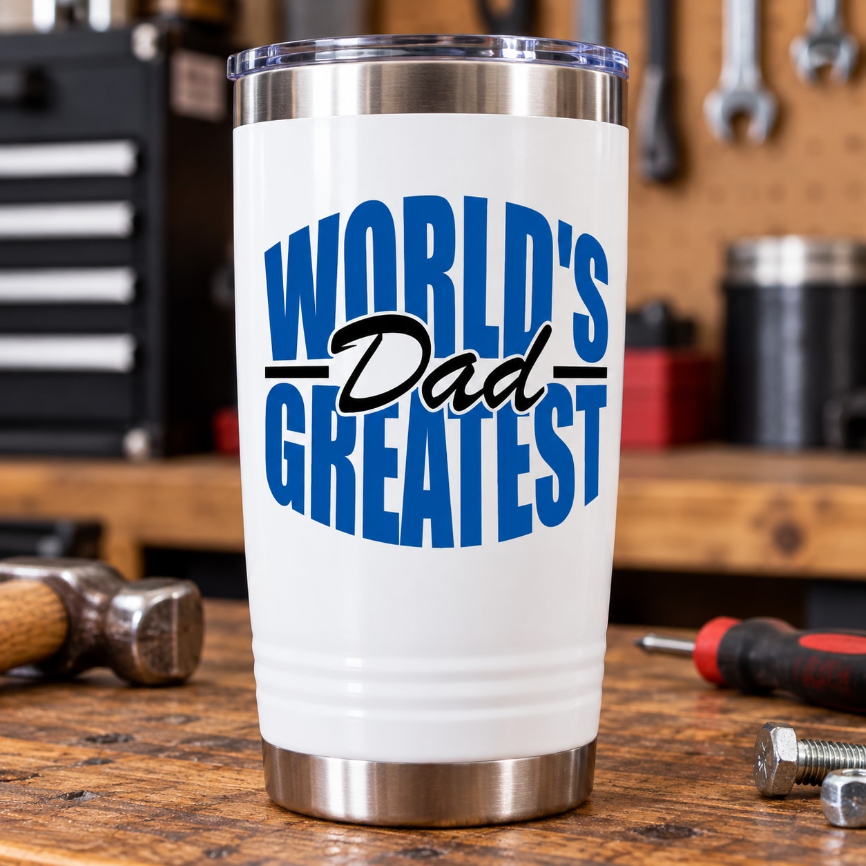 Printed die-cut decal for World's Greatest Dad on white tumbler