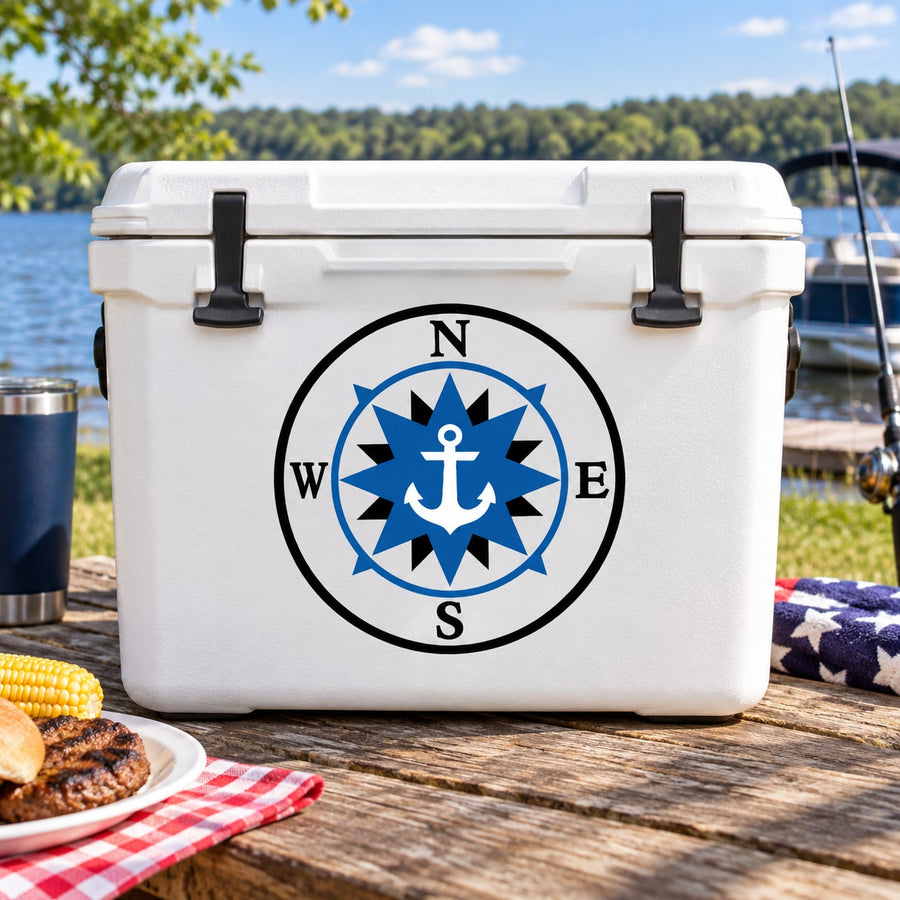 Nautical compass printed die-cut decal with blue star and anchor on cooler