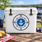 Nautical compass printed die-cut decal with blue star and anchor on cooler