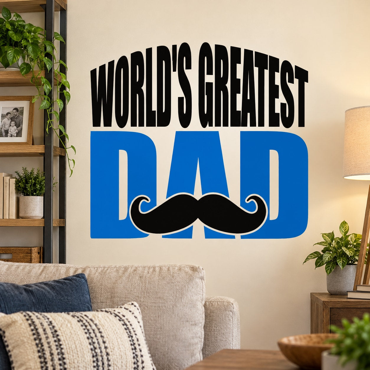 World's Greatest Dad mustache wall decal with blue lettering and black mustache graphic
