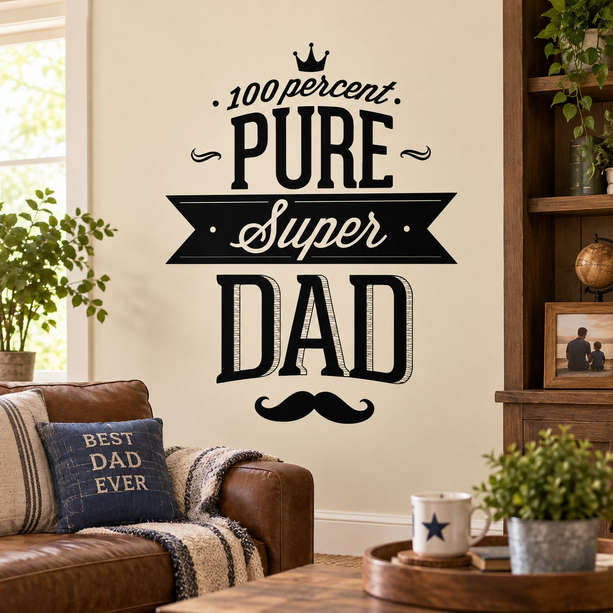 Vinyl wall decal text: 100 percent Pure Super Dad with crown and mustache