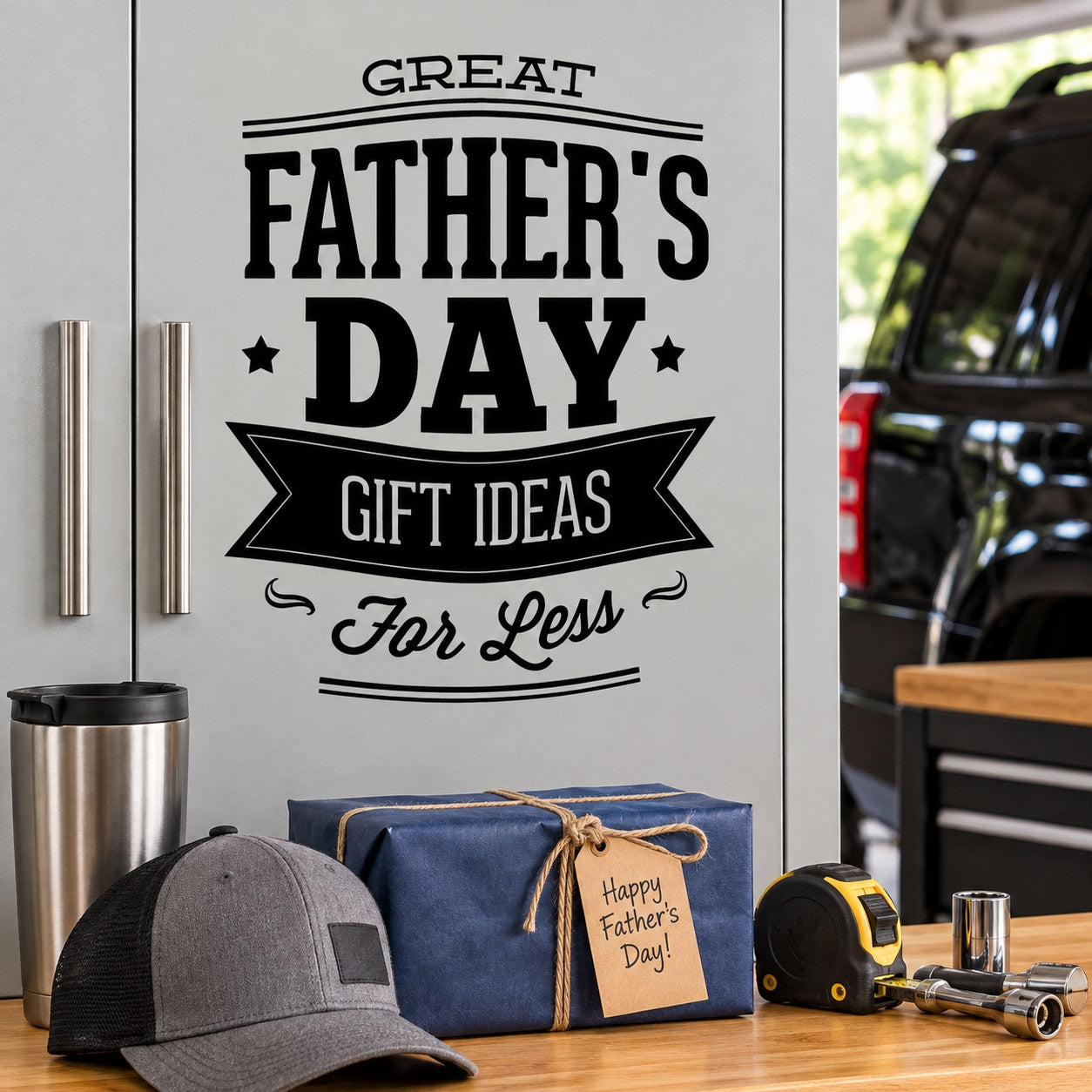 Father's Day retail decal with bold 'Great Father's Day' and 'Gift Ideas for Less' text