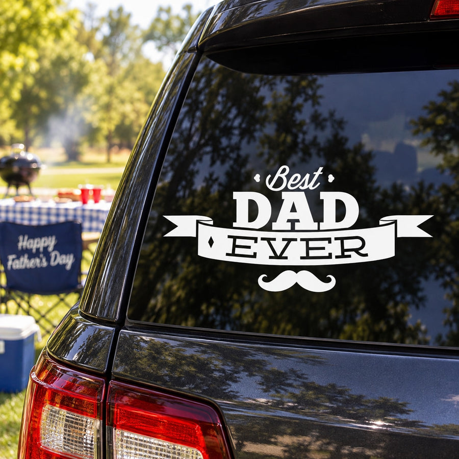 Best Dad Ever mustache decal, white 'Best DAD EVER' lettering on car window
