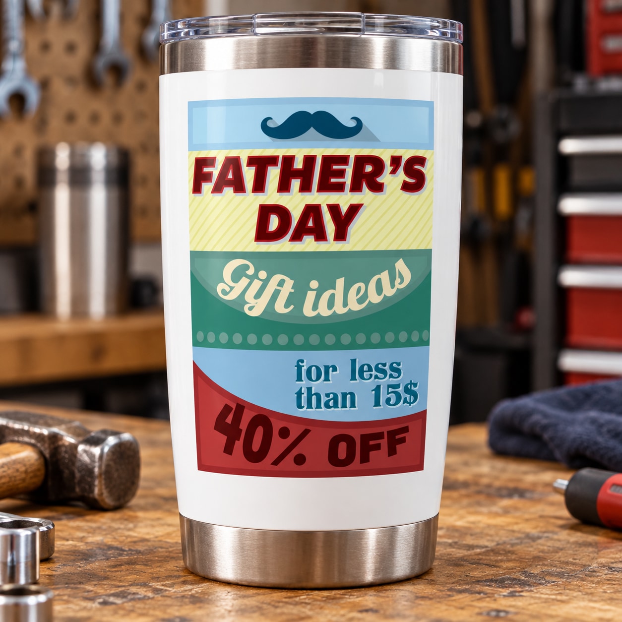 Father's Day typography decal: mustache, 'Gift ideas for less than 15$' and '40% OFF'