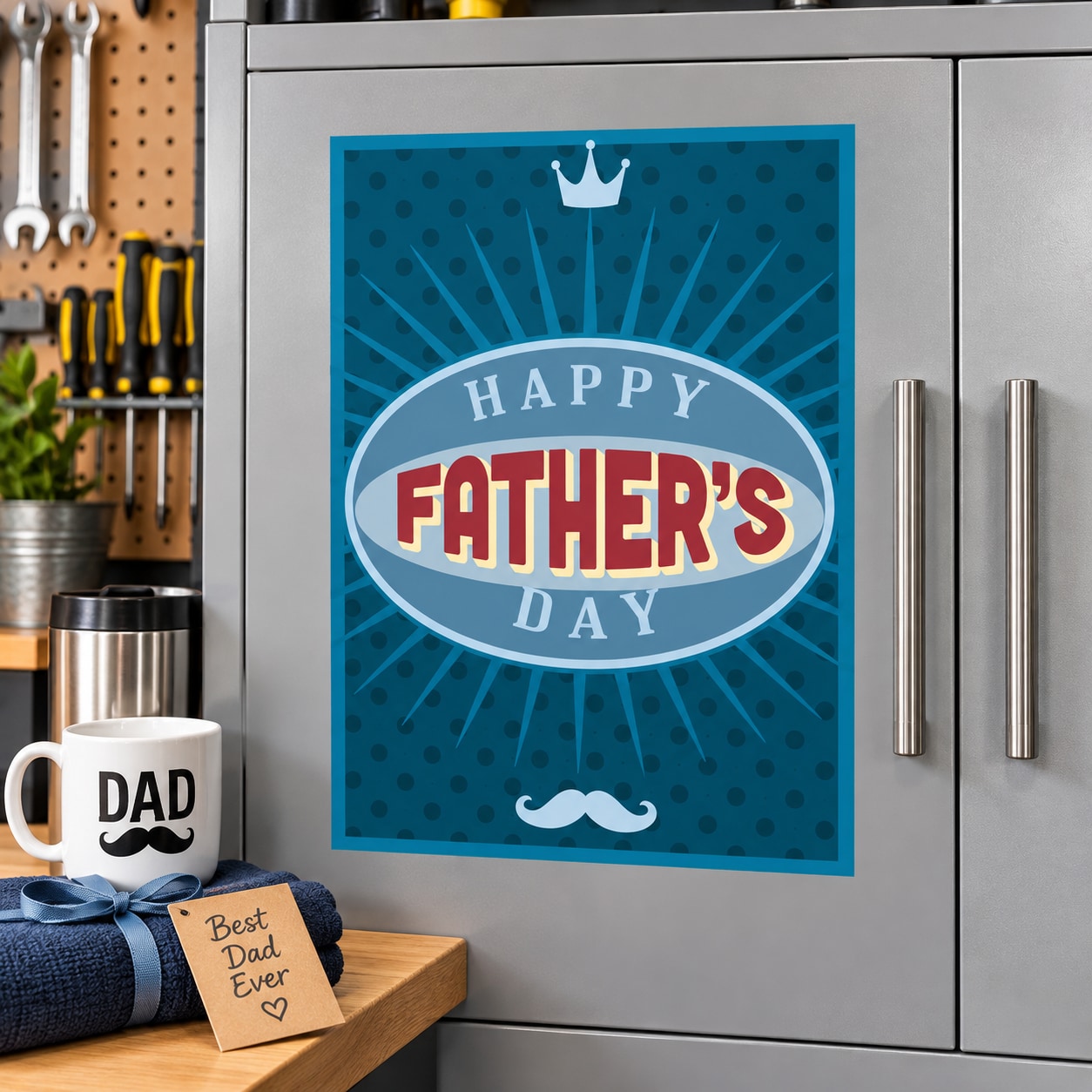 Happy Father’s Day vinyl wall decal, blue square typography with crown and mustache