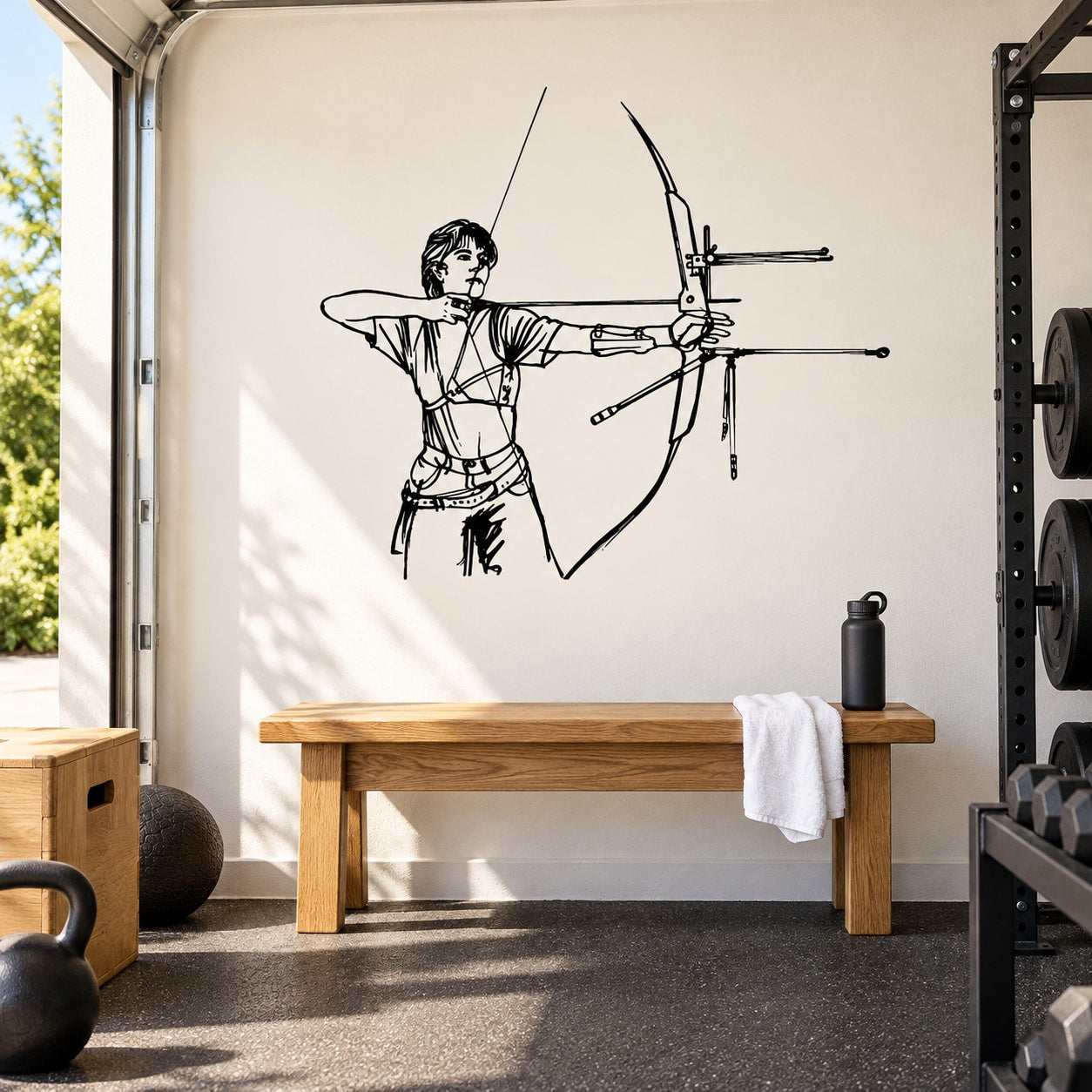 Female archer wall decal in black line art, bow and arrow pose