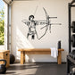 Female archer wall decal in black line art, bow and arrow pose