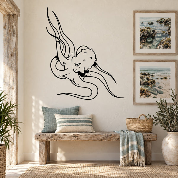 Octopus tentacle wall decal, black line art with swirling tentacles and small octopus