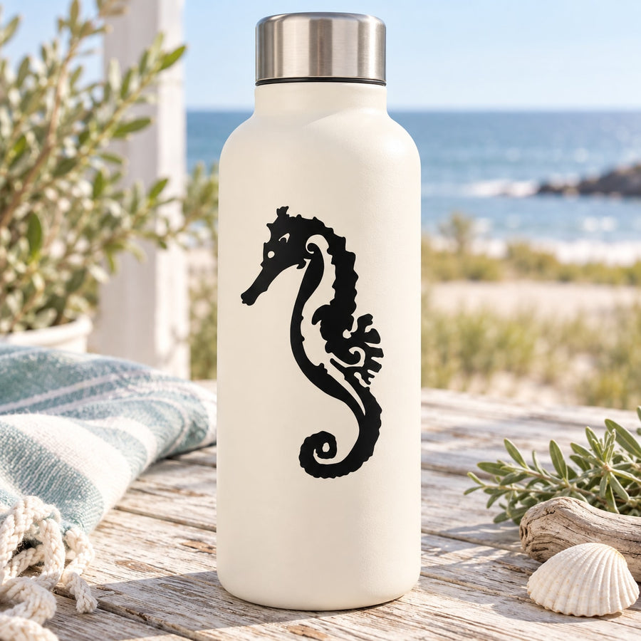 Cream water bottle with black seahorse decal on front
