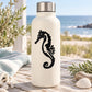 Cream water bottle with black seahorse decal on front
