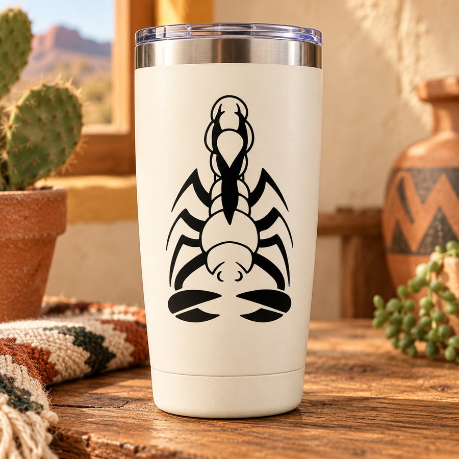 Scorpion decal sticker with black abstract spiky scorpion design on a white tumbler