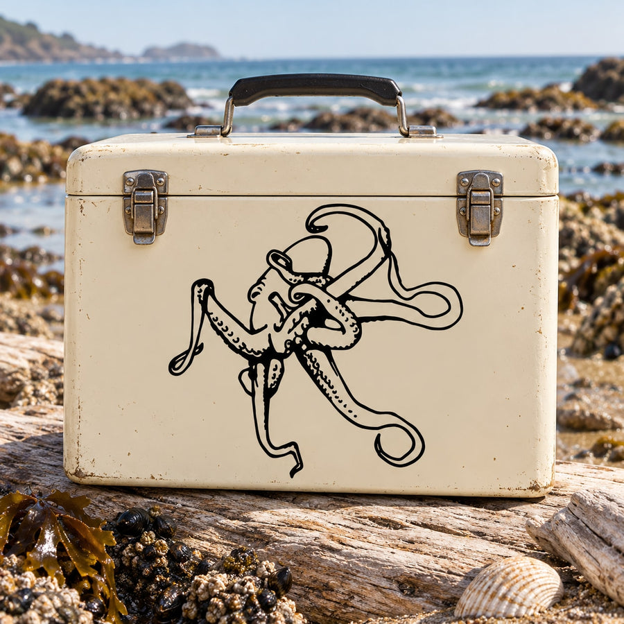 Flexible octopus decal, black line-art octopus on light surface