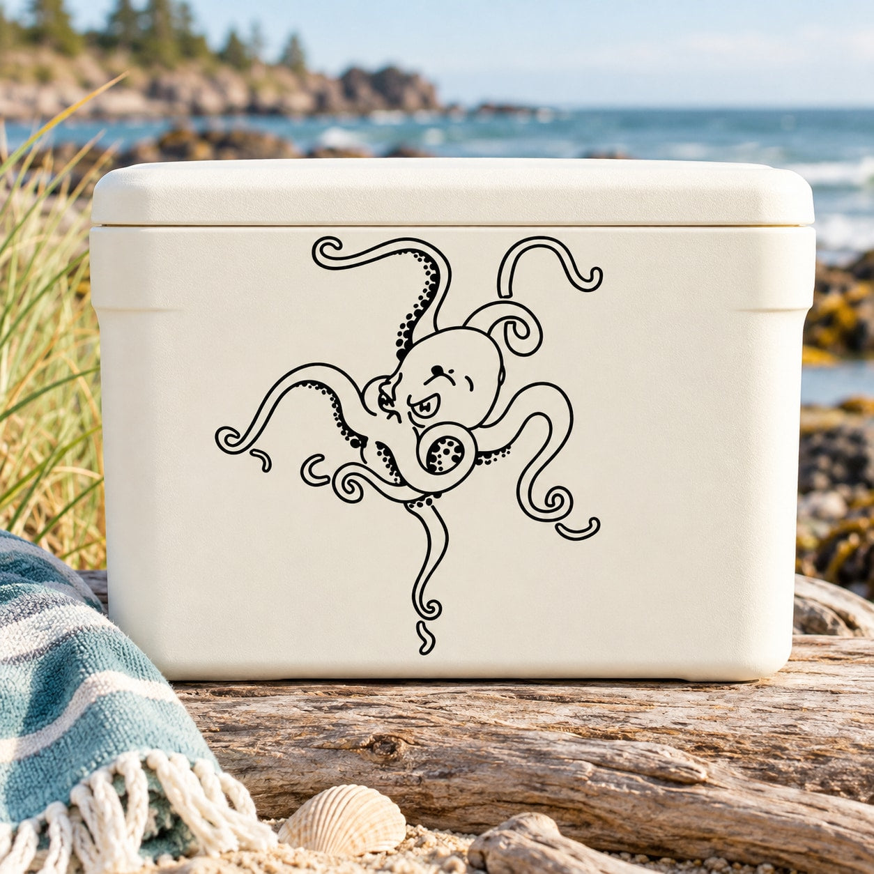 White rectangular container with angry octopus line-art decal
