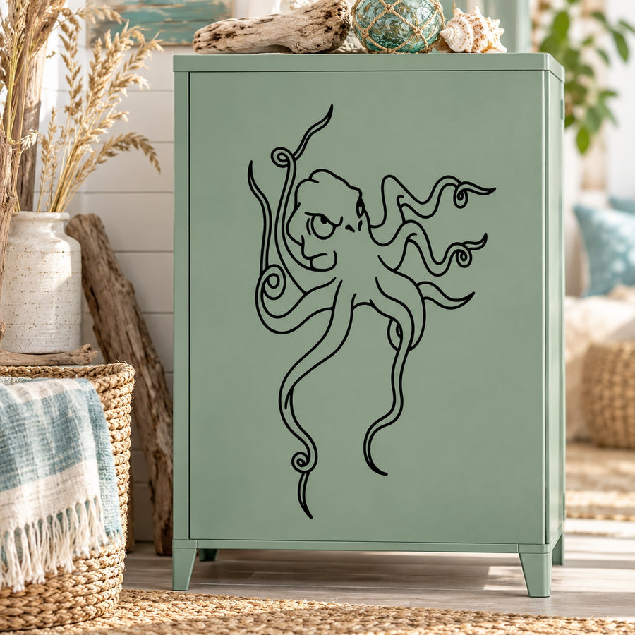 Octopus line-art decal with curly tentacles, black outline illustration