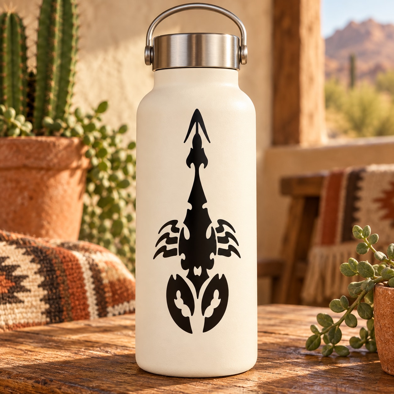 Cream water bottle with black scorpion flame decal