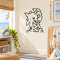 Cartoon dolphin wall decal with splash and moon, black outline design on white