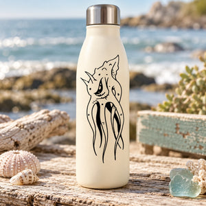 Demon octopus decal, black graphic on light beige bottle