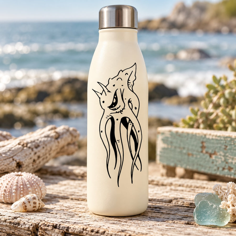 Demon octopus decal, black graphic on light beige bottle