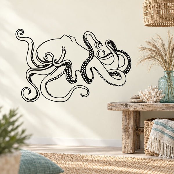 Octopus wall decal set with two black line-art octopus designs