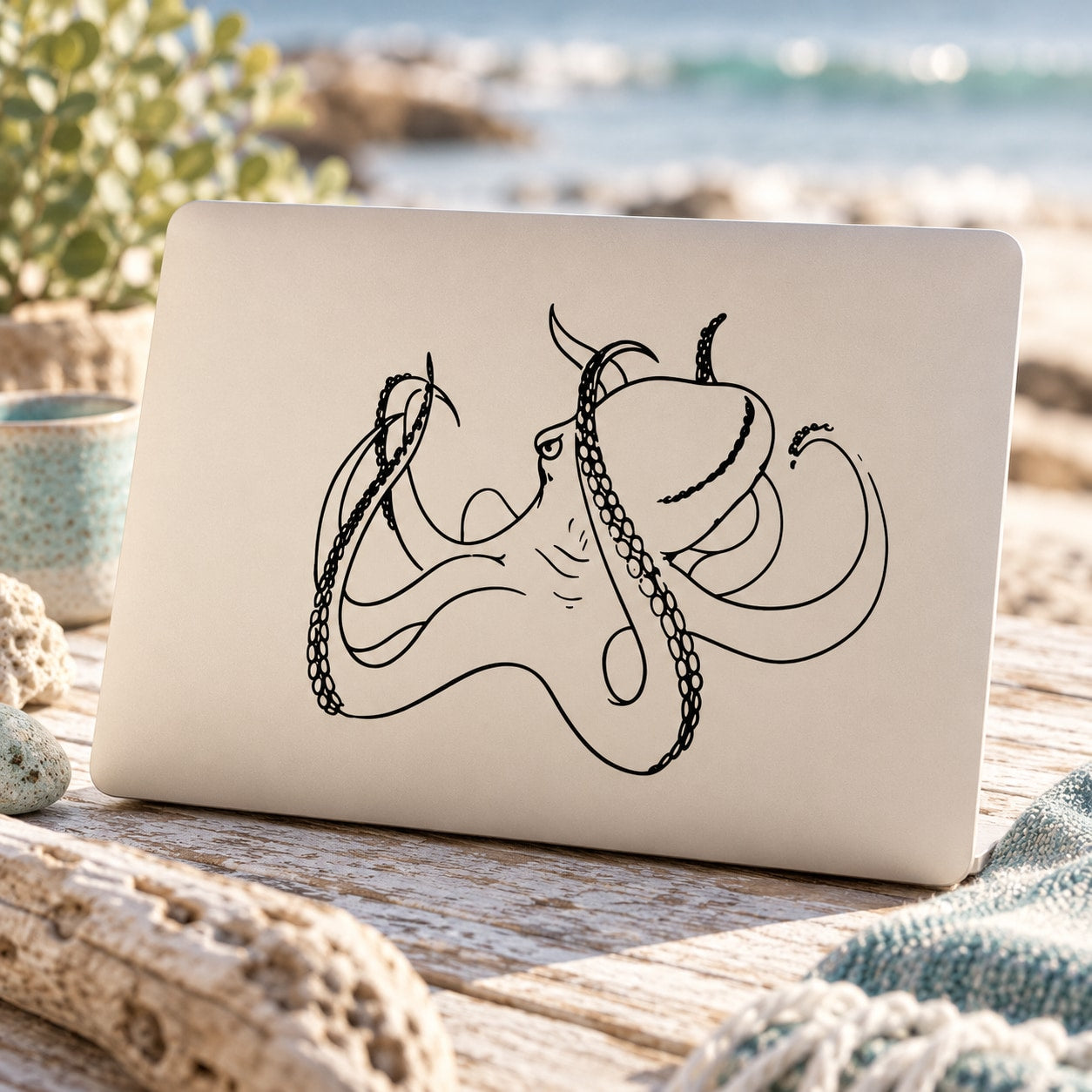 Relaxed octopus decal with black line-art illustration on a light background