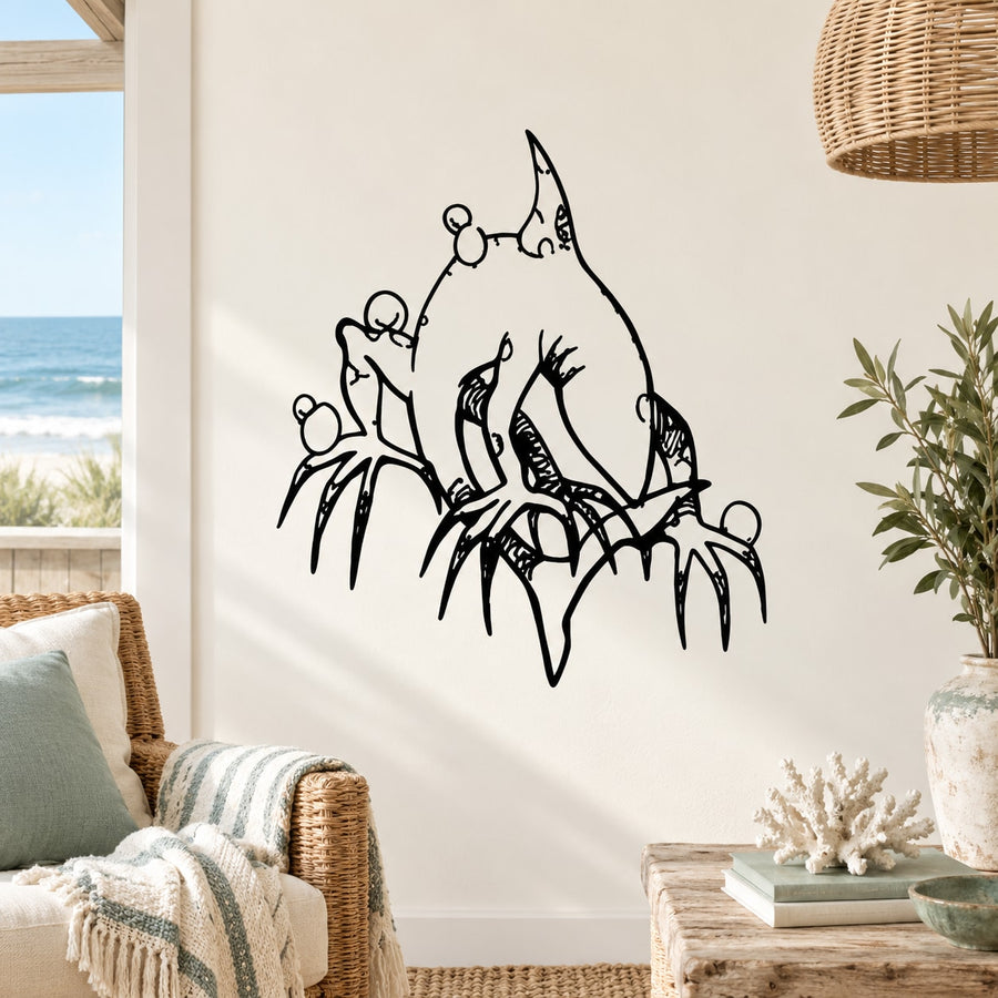 Shark legs wall decal in black line art with spiky feet and fins