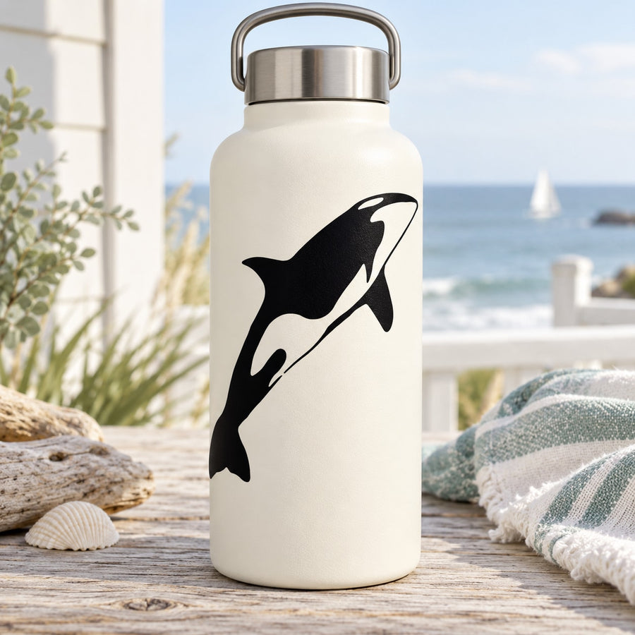 White water bottle with black leaping orca decal