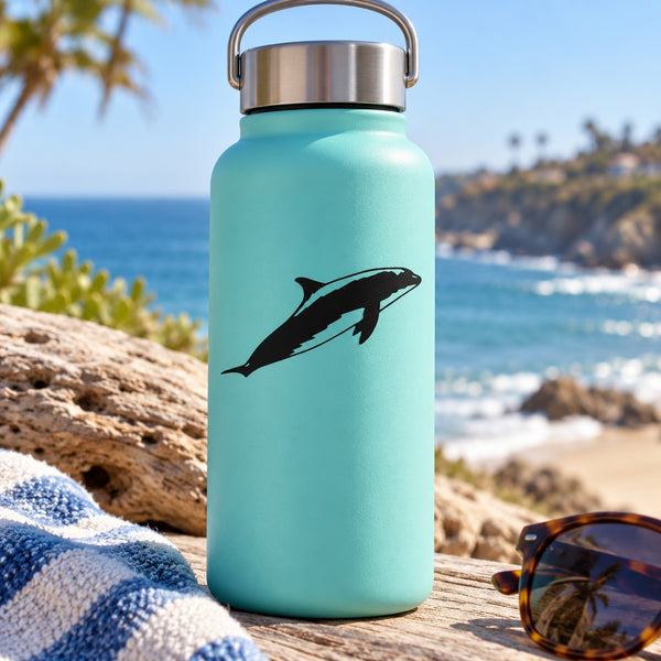 Teal water bottle with black dolphin floating decal