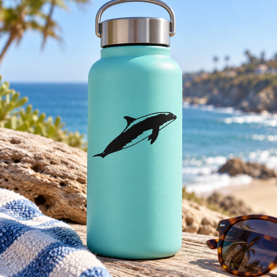 Teal water bottle with black dolphin floating decal