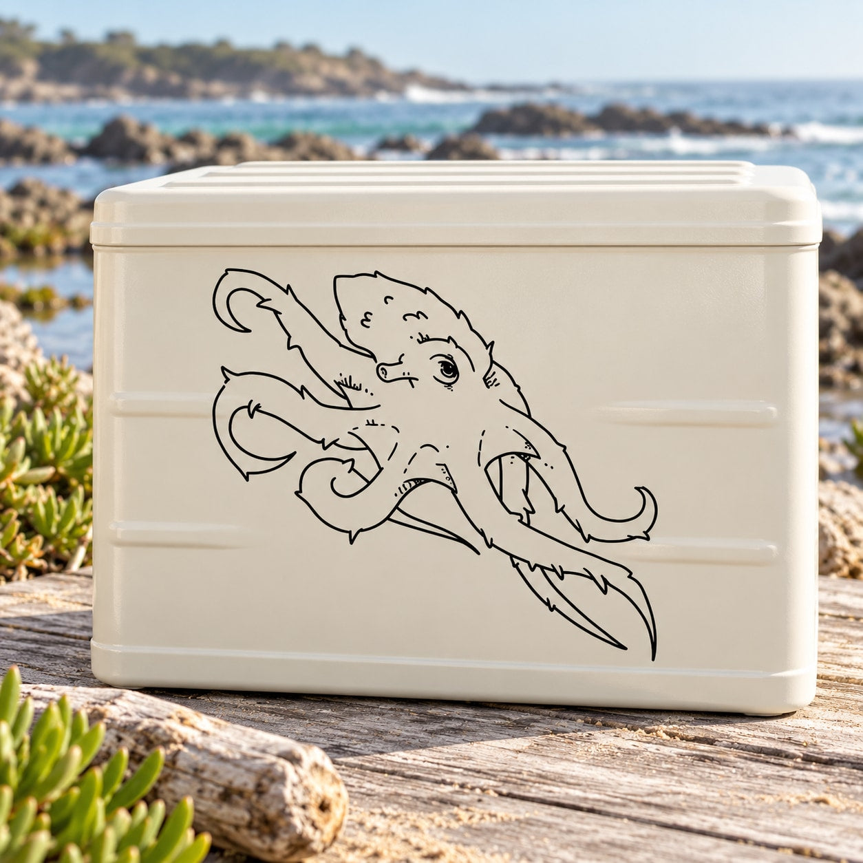 Gliding octopus line-art decal on a white rectangular cooler