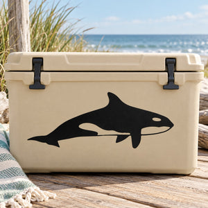 Black killer whale decal on light beige cooler