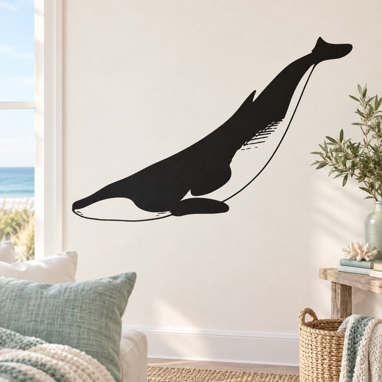 Black diving fin whale wall decal with detailed splash outline