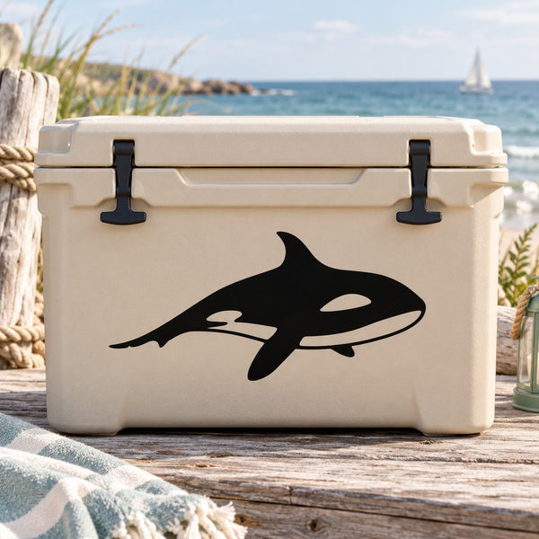 Orca whale decal sticker with black orca on a light background