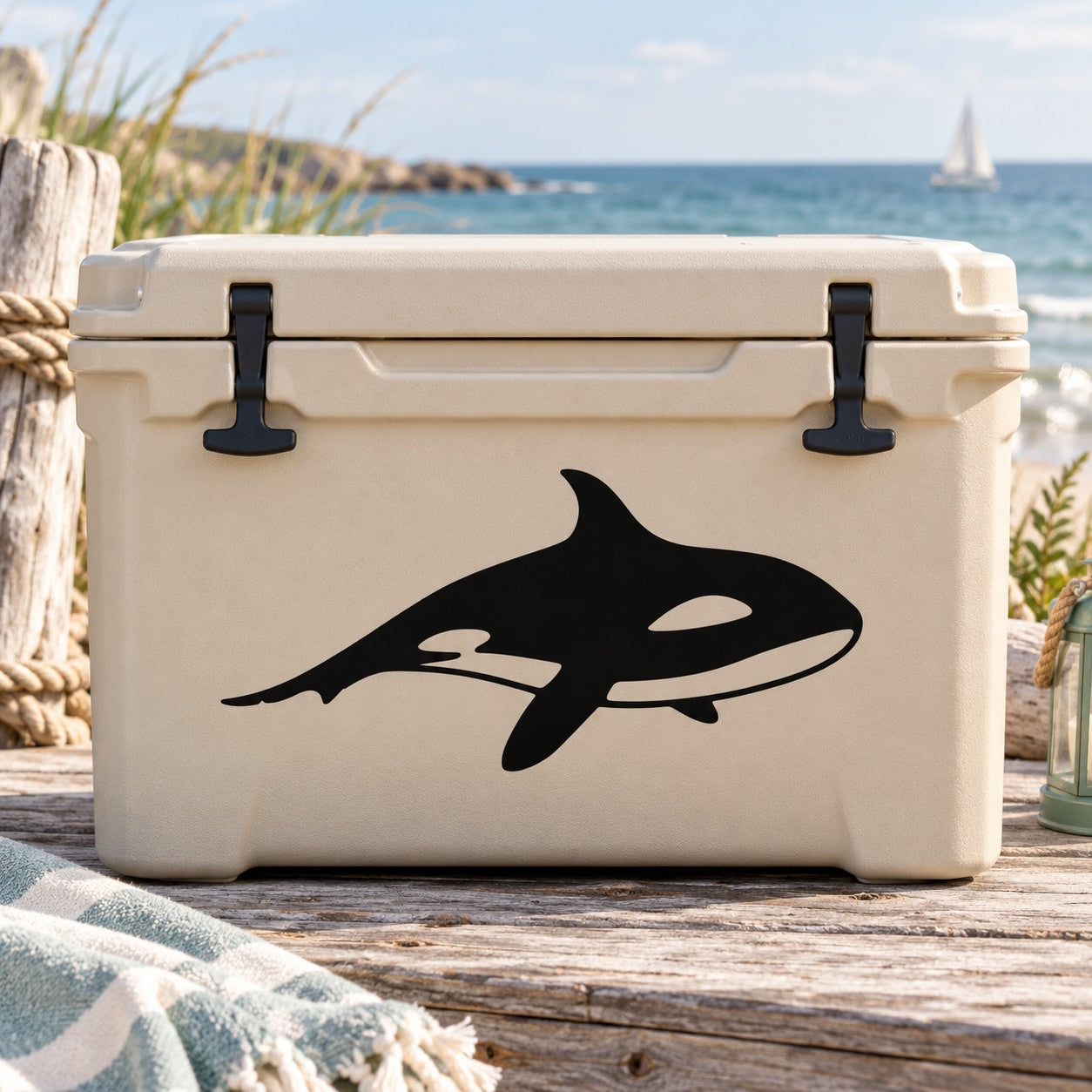 Orca whale decal sticker with black orca on a light background