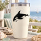 White tumbler with black orca whale decal and clear round lid