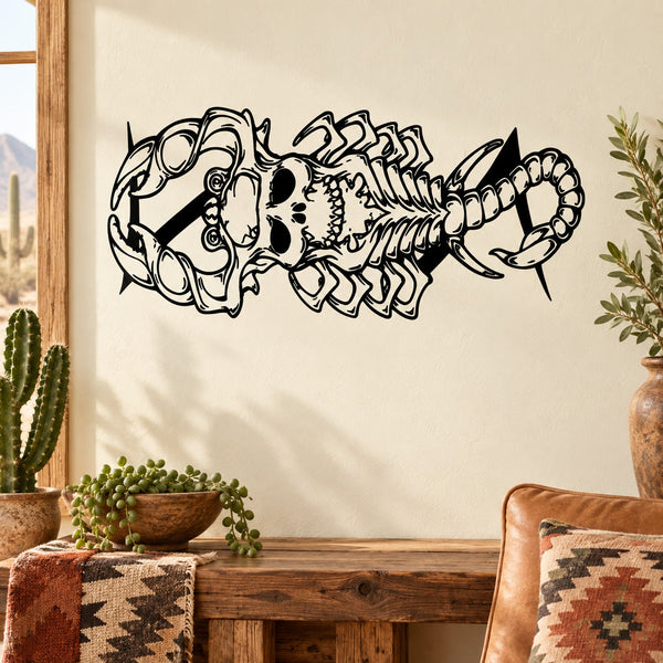Skeleton scorpion body decal in black on light surface