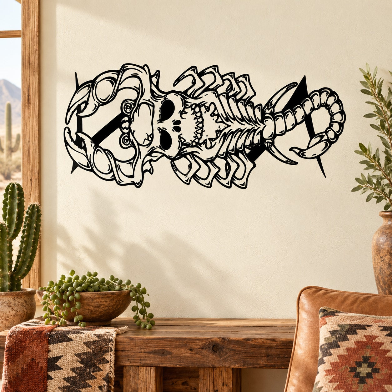 Skeleton scorpion body decal in black on light surface