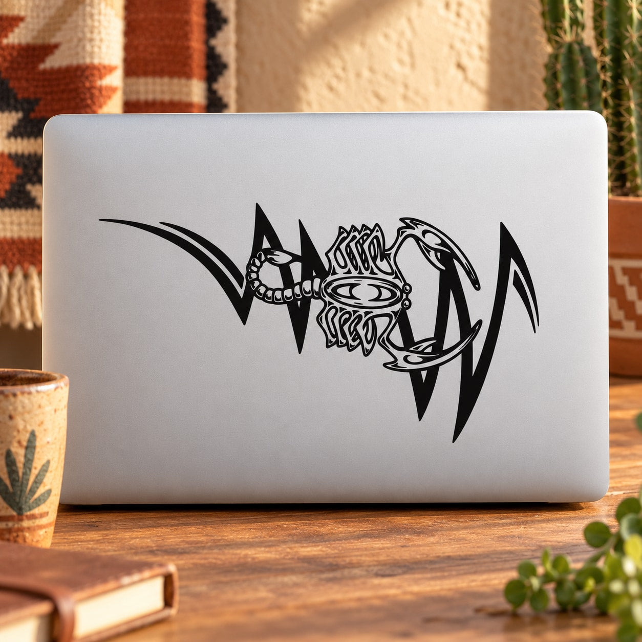 Black scorpion zigzag decal sticker on a silver laptop lid