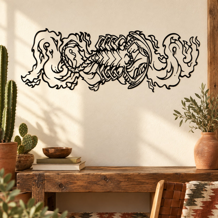 Black scorpion and smoke line-art wall decal with flame-like swirls.