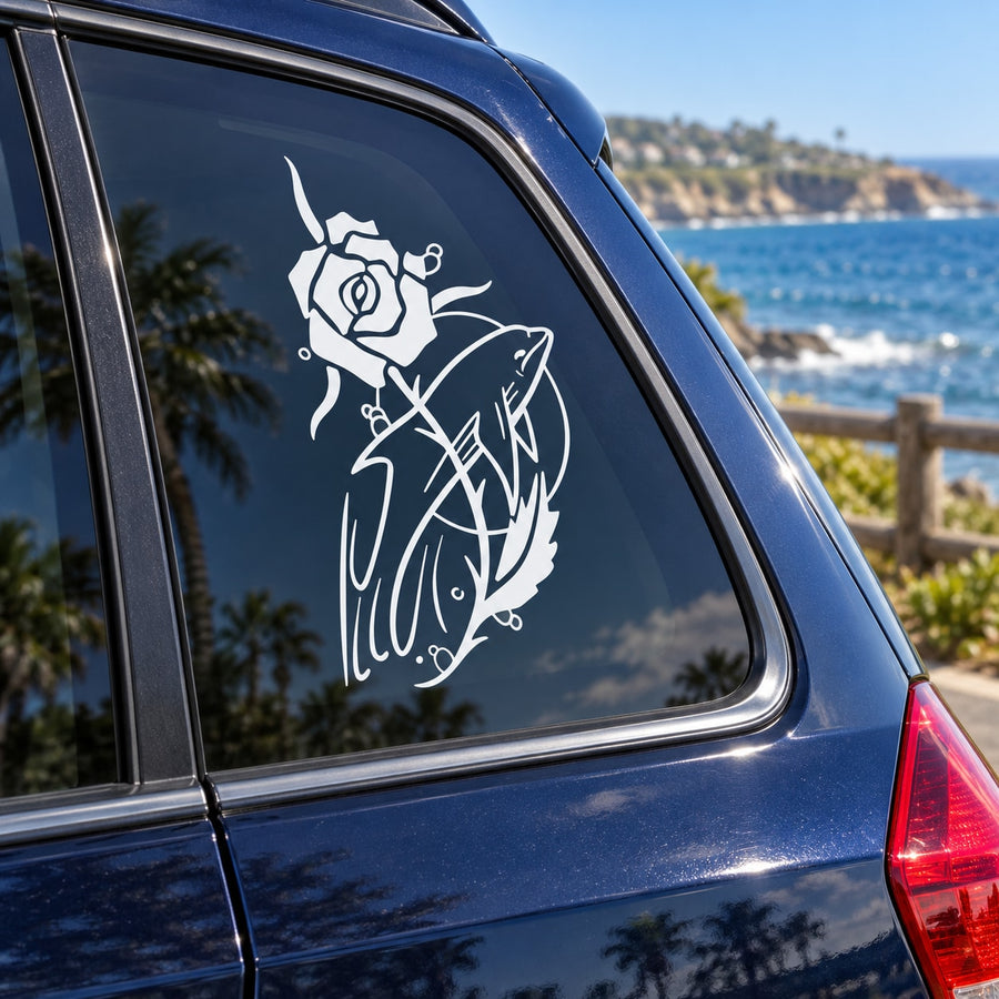 Car window decal with white rose and dolphin line art