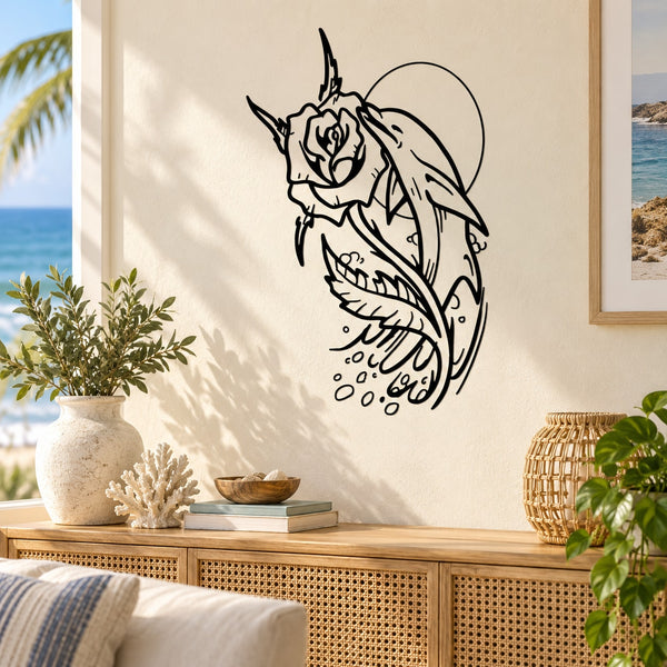 Dolphin rose and moon wall decal with floral details in black line art