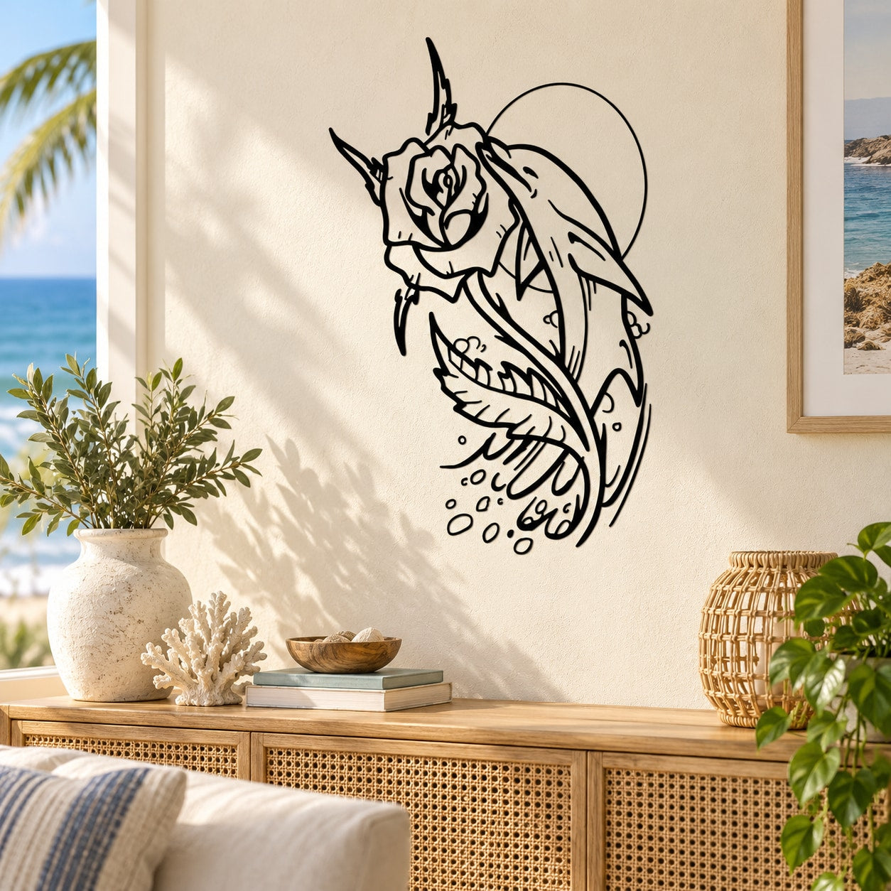 Dolphin rose and moon wall decal with floral details in black line art
