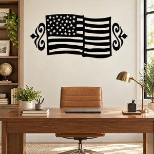Embellished American flag decal with decorative swirl edges