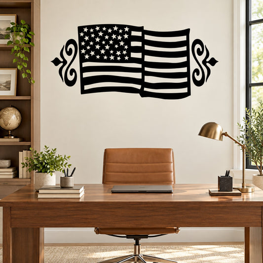 Embellished American flag decal with decorative swirl edges