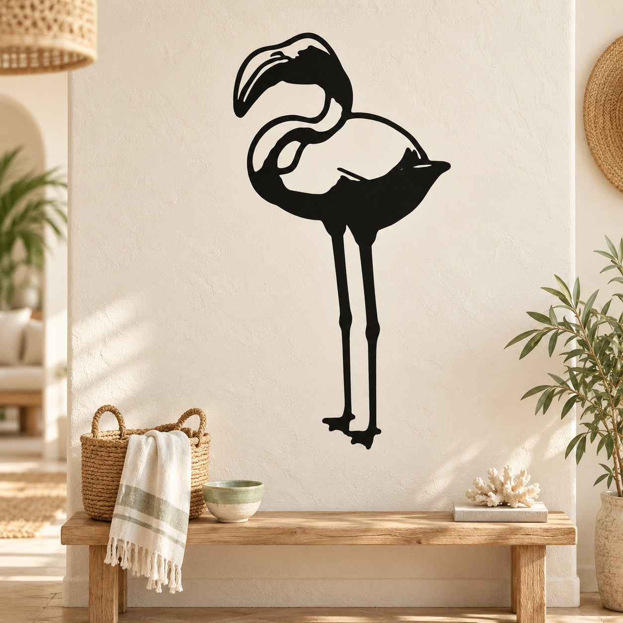 Standing flamingo wall decal with bold black silhouette, long legs and beak
