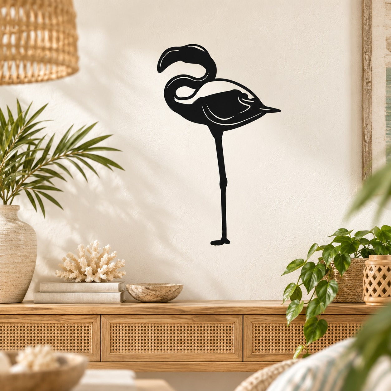 Black flamingo silhouette wall decal with long beak and standing legs