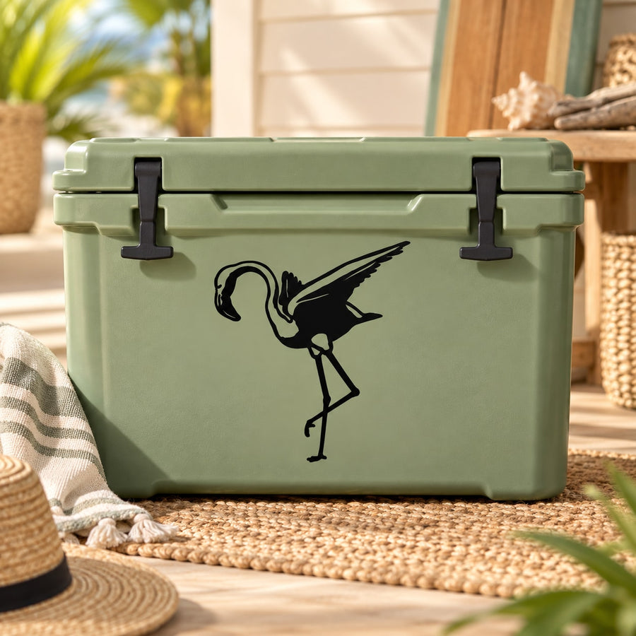 Black flamingo stretching decal on green cooler container